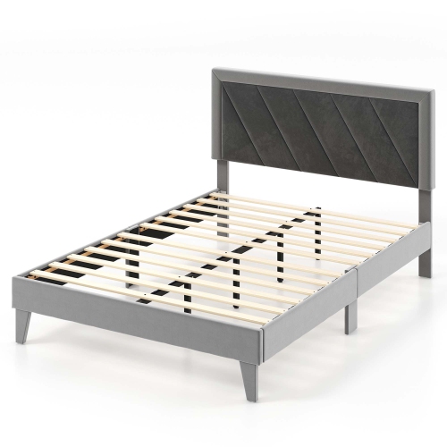 Costway Bed Frame Upholstered Platform Velvet Headboard Wooden Slats -1763 lbs Weight Capacity -Gray