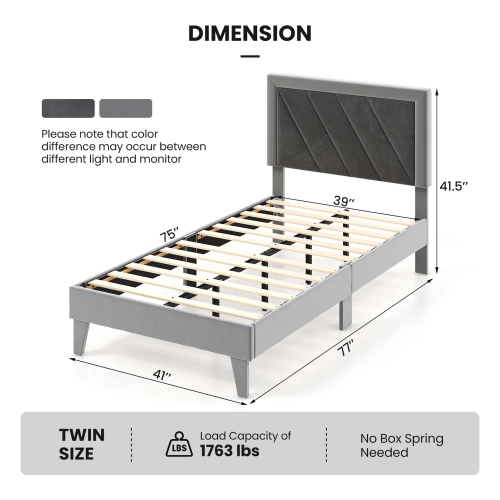 Costway Bed Frame Upholstered Platform Velvet Headboard Wooden Slats -1763 lbs Weight Capacity -Gray
