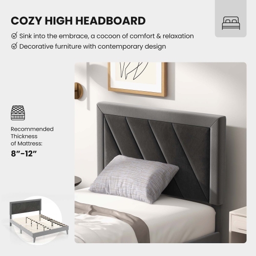 Costway Bed Frame Upholstered Platform Velvet Headboard Wooden Slats -1763 lbs Weight Capacity -Gray