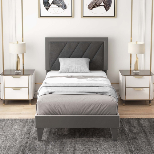 Costway Bed Frame Upholstered Platform Velvet Headboard Wooden Slats -1763 lbs Weight Capacity -Gray