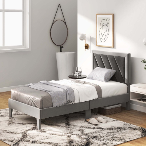 Costway Bed Frame Upholstered Platform Velvet Headboard Wooden Slats -1763 lbs Weight Capacity -Gray