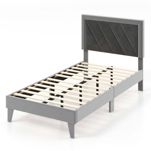 Costway Bed Frame Upholstered Platform Velvet Headboard Wooden Slats -1763 lbs Weight Capacity -Gray