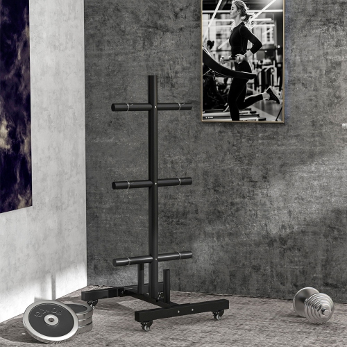 Soozier Weight Plate Rack, Bumper Plate Rack Holder for 2 inch Plates and Bars, with 4 Transport Wheels and 6 Fasten Clamps, 440 lbs Capacity