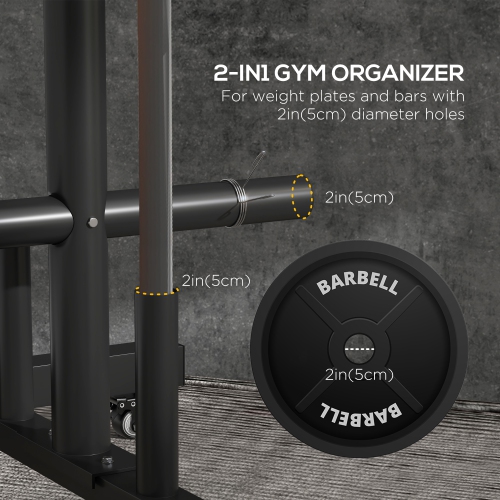 Soozier Weight Plate Rack, Bumper Plate Rack Holder for 2 inch Plates and Bars, with 4 Transport Wheels and 6 Fasten Clamps, 440 lbs Capacity