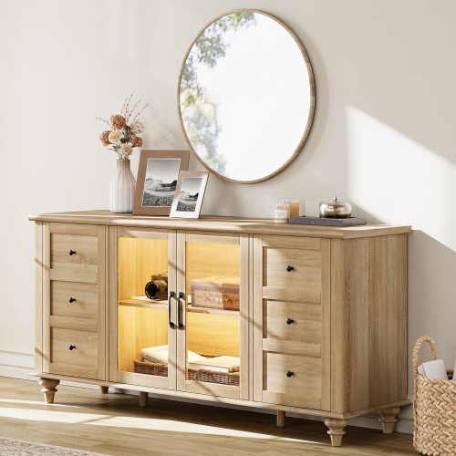 WAMPAT TV Stand with Yellow LED Light for TVs Up to 75 inch, Glass and Wood Universal Entertainment Center with 4 Openable Storage Doors