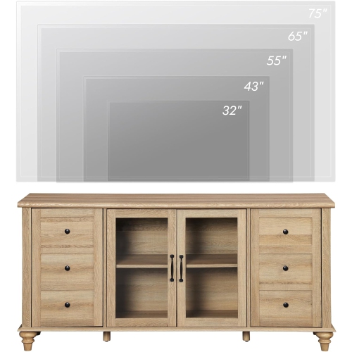 WAMPAT TV Stand with Yellow LED Light for TVs Up to 75 inch, Glass and Wood Universal Entertainment Center with 4 Openable Storage Doors