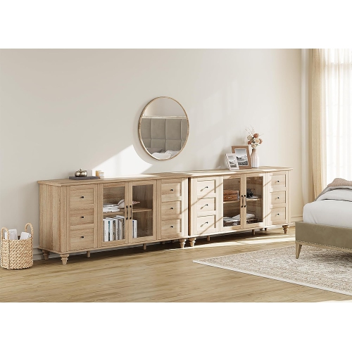 WAMPAT 2 in 1 Glass Door Farmhouse TV Stand for TVs Up to 110 inch, Wood Universal TV Console Table with Storage Cabinets, Oak