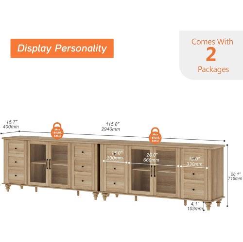 WAMPAT 2 in 1 Glass Door Farmhouse TV Stand for TVs Up to 110 inch, Wood Universal TV Console Table with Storage Cabinets, Oak