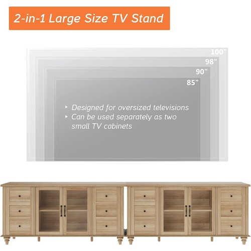 WAMPAT 2 in 1 Glass Door Farmhouse TV Stand for TVs Up to 110 inch, Wood Universal TV Console Table with Storage Cabinets, Oak