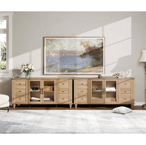 WAMPAT 2 in 1 Glass Door Farmhouse TV Stand for TVs Up to 110 inch, Wood Universal TV Console Table with Storage Cabinets, Oak