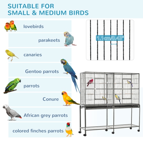 PawHut 64" Extra Large Bird Cage, Rolling Metal Parrot Cage, Bird House with Detachable Rolling Stand, Storage Shelf, Wood Perch, Food Container,