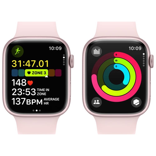 Remis à neuf - Apple Watch Series 9 (GPS) avec boîtier en aluminium rose et bracelet sport rose 45 mm - moyen/Grand