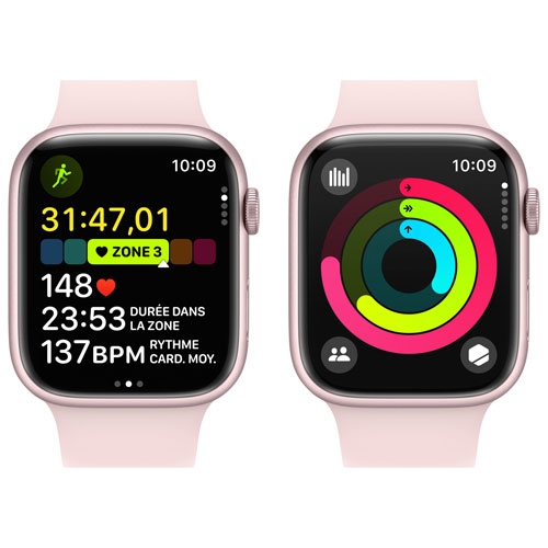Remis à neuf - Apple Watch Series 9 (GPS) avec boîtier en aluminium rose et bracelet sport rose 45 mm - moyen/Grand