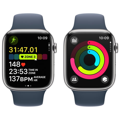 Apple Watch Series 9 (GPS + Cellular) 45mm Silver Stainless Steel Case with Storm Blue Sport Band - Medium / Large by APPLE - Refurbished condition - Image 9