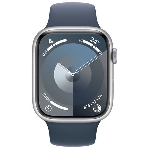 Refurbished - Apple Watch Series 9 (GPS) 45mm Silver Aluminum Case with Storm Blue Sport Band - Small / Medium