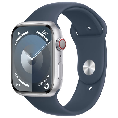 Boîte ouverte - Apple Watch Series 9 avec boîtier en aluminium argenté et bracelet sport bleu tempête - moyen/Grand