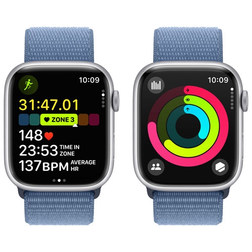 Remis à neuf - Apple Watch Series 9 (GPS) avec boîtier en aluminium argenté et bracelet sport bleu hiver de 45 mm