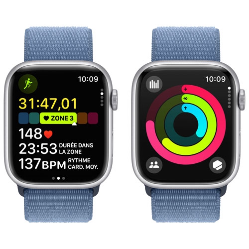 Remis à neuf - Apple Watch Series 9 (GPS) avec boîtier en aluminium argenté et bracelet sport bleu hiver de 45 mm