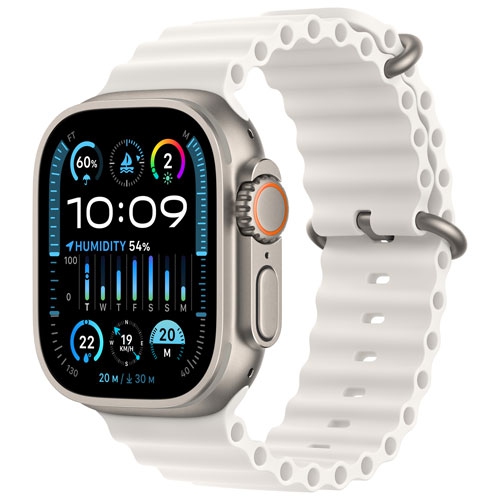 Boîte ouverte - Apple Watch Ultra de 2&nbsp;mm avec boîtier en titane 49&nbsp;mm et bracelet océan blanc