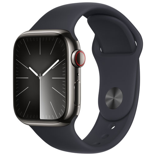 Boîte ouverte - Apple Watch Series 9 avec boîtier 41&nbsp;mm en acier inoxydable graphite et bracelet sport minuit - petit/moyen