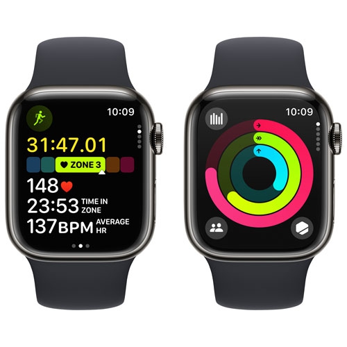 Remis à neuf - Apple Watch Series 9 (GPS + 41 mm connectivité cellulaire) avec boîtier en acier inoxydable graphite et bracelet sport minuit -