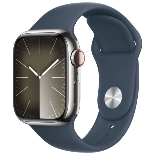 Boîte ouverte - Apple Watch Series 9 avec boîtier 41&nbsp;mm en acier inoxydable argenté et bracelet sport bleu tempête - petit/moyen