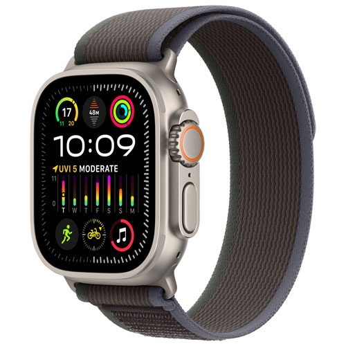 Boîte ouverte - Apple Watch Ultra de 2&nbsp;mm avec boîtier en titane et bracelet sentier noir - petit/moyen