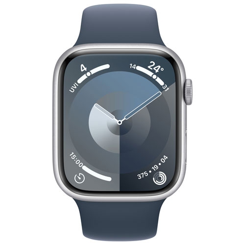 Refurbished - Apple Watch Series 9 (GPS + Cellular) 45mm Silver Aluminum Case with Storm Blue Sport Band - Medium / Large