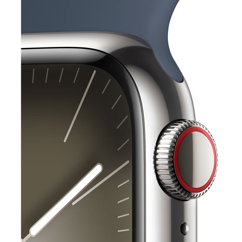 Boîte ouverte - Apple Watch Series 9 avec boîtier 41 mm en acier inoxydable argenté et bracelet sport bleu tempête - moyen/Grand