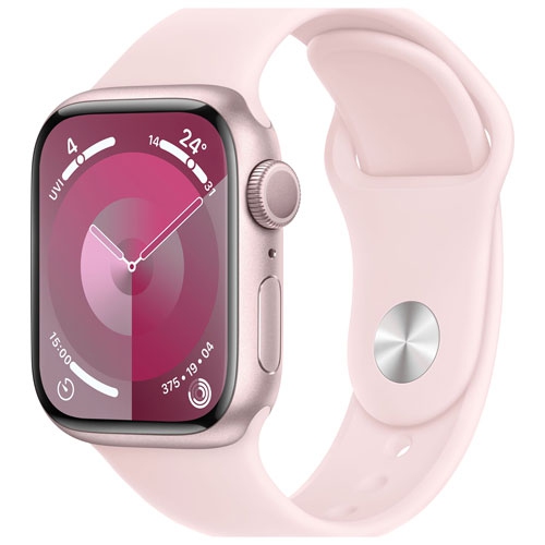 Image 1 de 10.. Remis à neuf - Apple Watch Series 9 (GPS) avec boîtier en aluminium rose et bracelet sport rose 41&nbsp;mm - petit/moyen