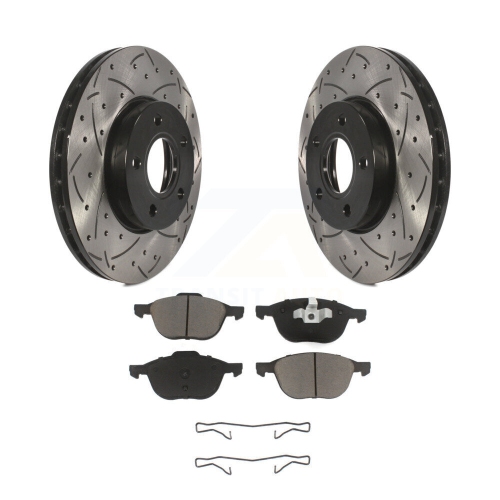 Image 1 of 10.. Front Coated Drilled Slotted Disc Brake Rotors And Ceramic Pads Kit For Ford Focus C-Max KDC-100160