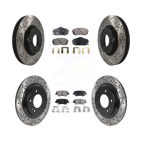 Image 1 of 10.. Front Rear Coated Drilled Slotted Disc Brake Rotors Semi-Metallic Pad Kit For Kia Soul EV KDF-101028
