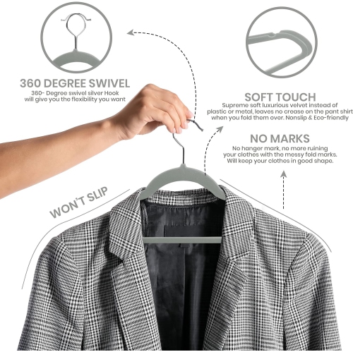 Cintres en velours haut de gamme Utopia Home, paq. 20 – combinaison grise antidérapante avec manteau robuste à crochet pivotant sur 360 degrés