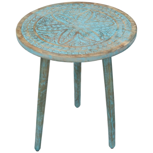 NORTHLIGHT  22" Antique Engraved Wooden Tri Leg Round Side Table In Blue