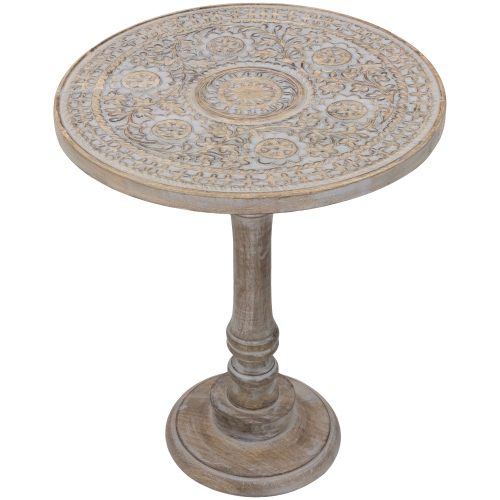 NORTHLIGHT  21" Antique Carved Floral Round Pedestal Side Table In Gray