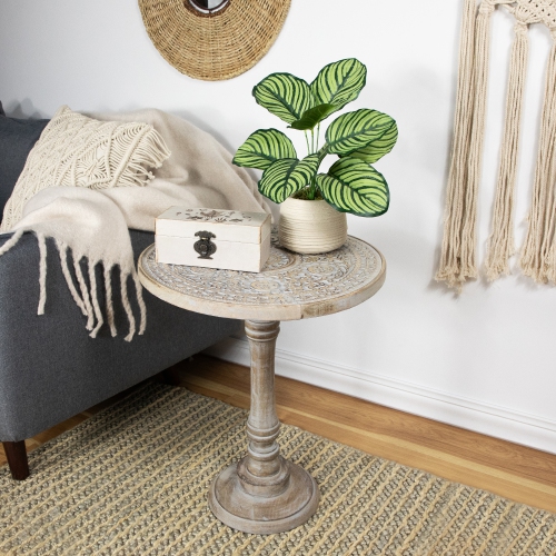 21" Antique Gray Carved Floral Round Pedestal Side Table