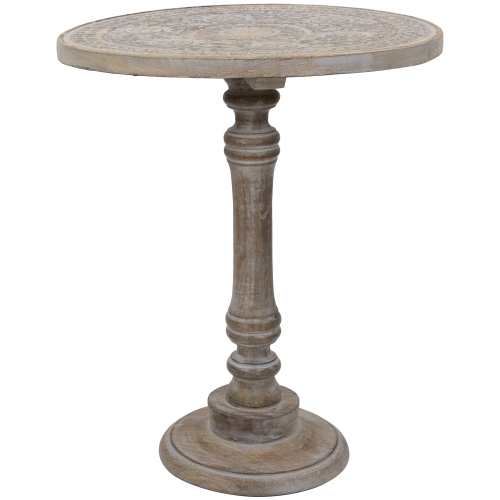 21" Antique Gray Carved Floral Round Pedestal Side Table