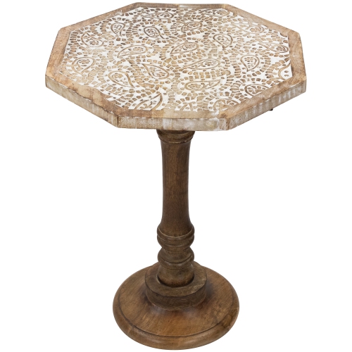 NORTHLIGHT  21" Wooden Brushed Engraved Paisley Octagonal Pedestal Side Table In White