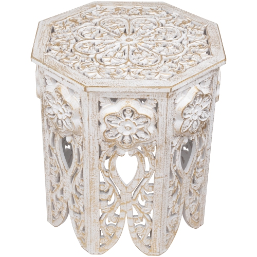 NORTHLIGHT  18" Antique And Brushed Gold Carved Octagonal Side Table In White