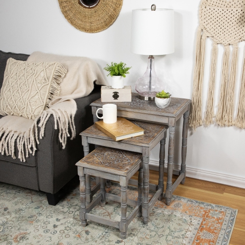 Set of 3 Matte Gray Etched Stackable Nesting Side Tables 24"