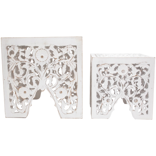 Ensemble de 2 tables d'appoint empilables carrées blanches antiques avec tabouret de 16 po