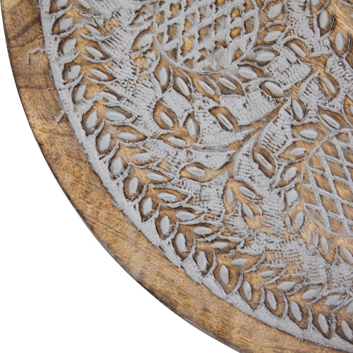 21" Antique Gray Engraved Round Tri Leg Wooden Side Table