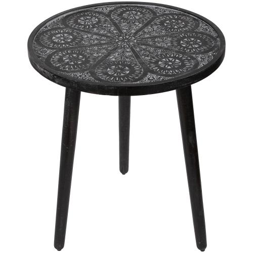 NORTHLIGHT  18" Charcoal And Gray Floral Engraved Wooden Side Table In Black