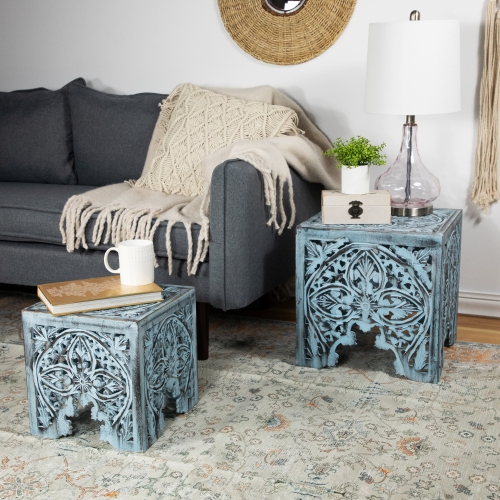 Set of 2 Antique Blue Square Stackable Nesting Side Table and Stool 16"
