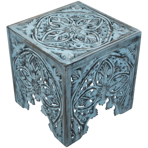 Set of 2 Antique Blue Square Stackable Nesting Side Table and Stool 16"