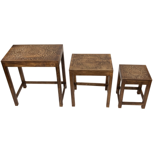 Set of 3 Walnut Brown Stackable Mandala Nesting Tables 24"