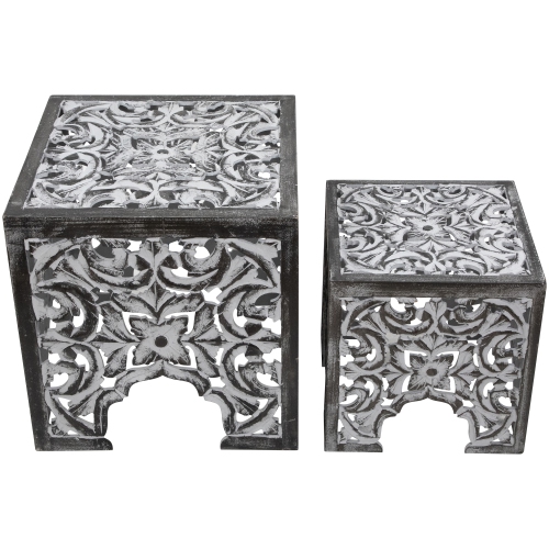 Set of 2 Antique Gray and Black Square Stackable Nesting Side Table and Stool 16"
