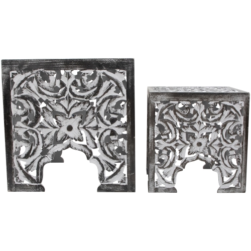Set of 2 Antique Gray and Black Square Stackable Nesting Side Table and Stool 16"