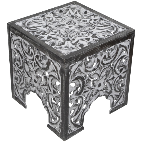 Set of 2 Antique Gray and Black Square Stackable Nesting Side Table and Stool 16"