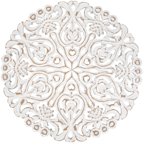 24" Brushed Antique White Damask Round Wall Panel